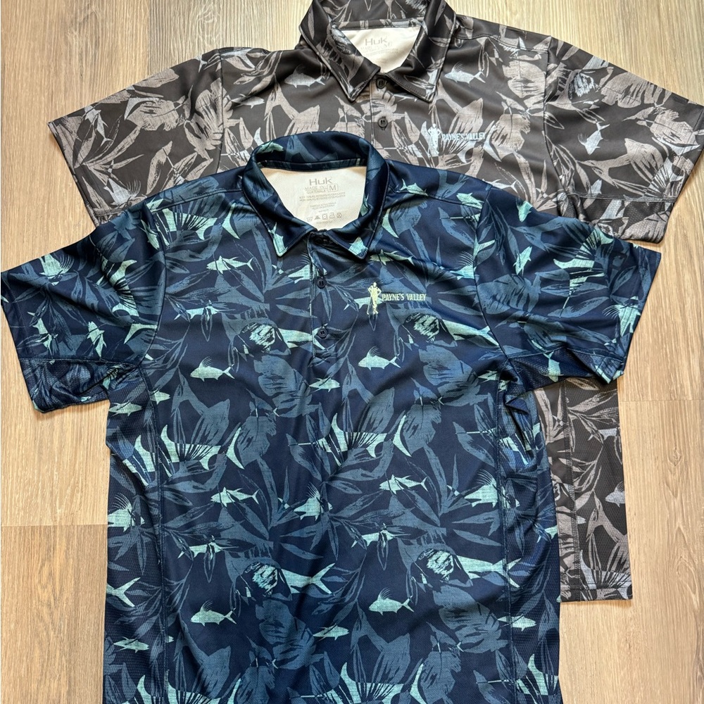 Huk Men's Navy and Charcoal Patterned Polos